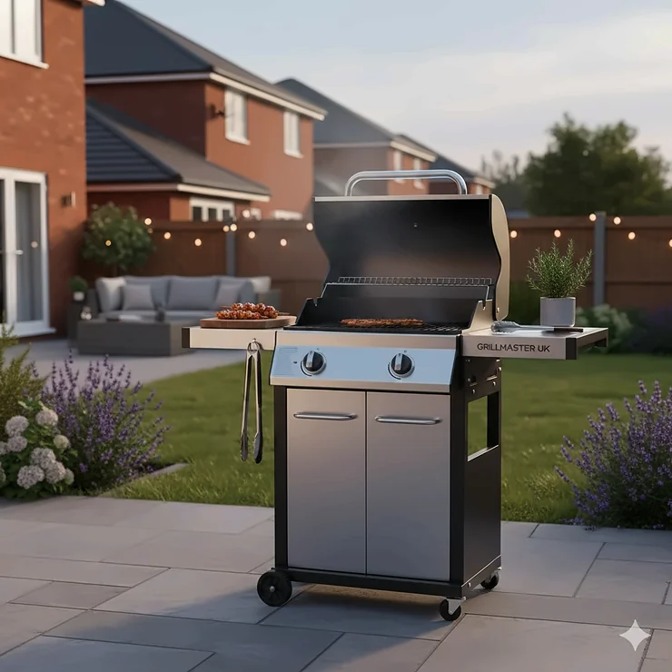 A compact 2 burner gas BBQ with the lid open, positioned on a paved patio in a suburban British garden. 2 burner gas bbq