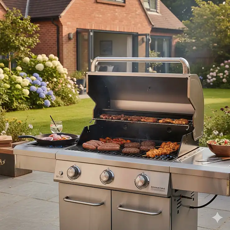 A premium stainless steel 4 burner gas bbq with the hood open, situated on a patio in a British garden setting. 4 burner gas bbq