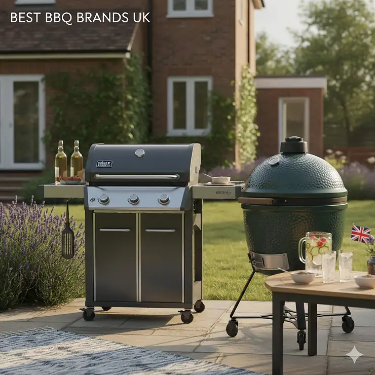 A selection of top-rated barbecue brands in a British garden setting, featuring a Weber gas grill and a Big Green Egg charcoal smoker. best bbq brands