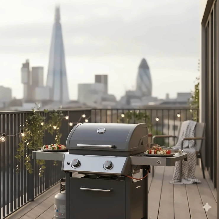 A compact gas BBQ for balcony use set up on a modern London flat terrace with city views.