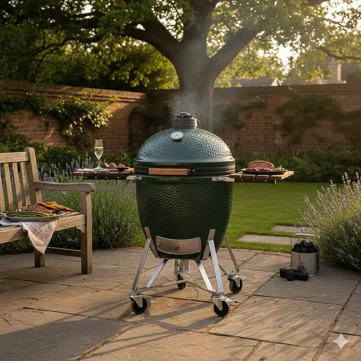 A red Kamado Joe style ceramic barbecue with side shelves and charcoal, a high-quality Big Green Egg alternative positioned on a stone patio in a British garden. big green egg alternatives