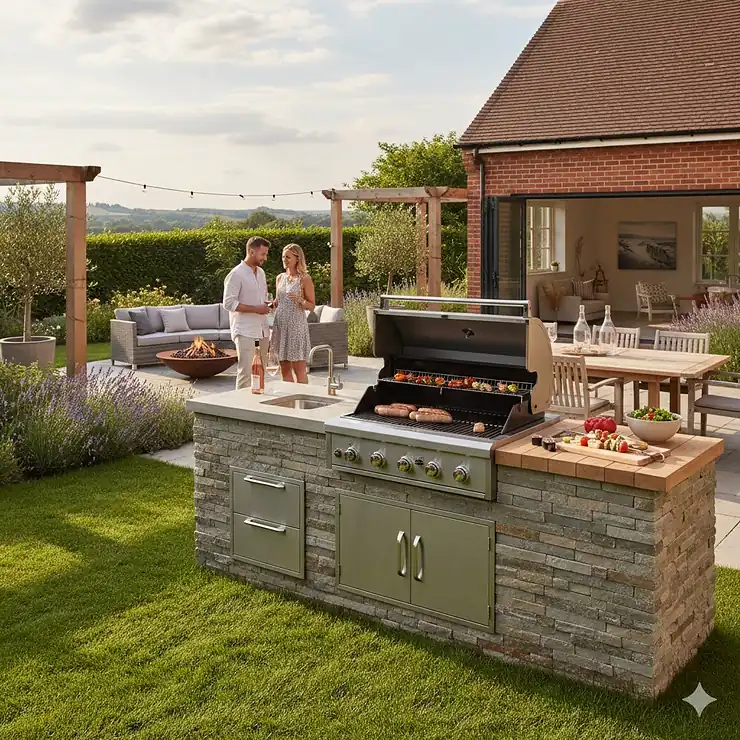 A premium stainless steel built-in gas bbq integrated into a stone masonry outdoor kitchen in a contemporary British garden. built in gas bbq
