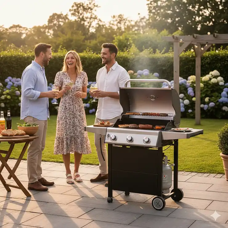 A sleek 2-burner gas BBQ under £200 set up on a British paved patio during a summer garden party. gas bbq under £200