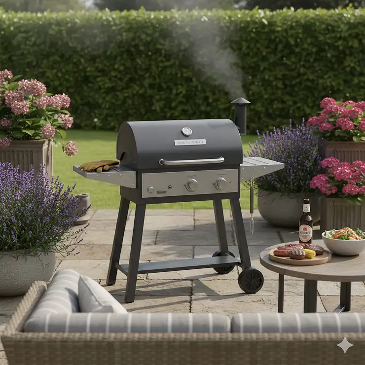 A premium wood-fired pellet grill positioned on a stone patio in a British garden during a summer barbecue. pellet grill