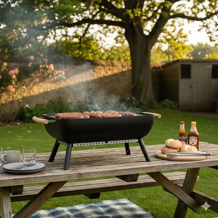 A portable BBQ grilling sausages and burgers on a wooden patio table in a British garden setting. portable bbq