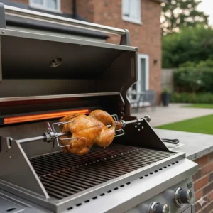 A built-in gas bbq with an infrared rear burner and rotisserie kit roasting a whole chicken in a British garden.