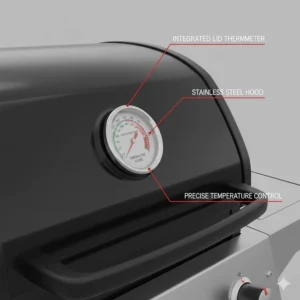 Detailed view of a built-in thermometer on the hood of a gas BBQ for precise temperature control.