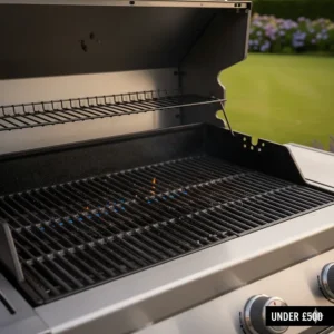 Porcelain-coated cast iron cooking grates on a BBQ for even heat distribution.