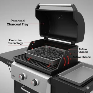 Technical diagram of the patented charcoal tray that ensures even heat distribution and prevents flare-ups on the Gas2Coal model.