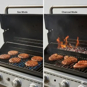 Split-screen illustration showing burgers cooking on the gas setting versus steaks searing over hot coals on the same Char-Broil unit.