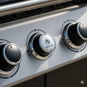 Close-up of the electronic igniter button on the control panel, highlighting the easy-start feature common in UK gas barbecues.