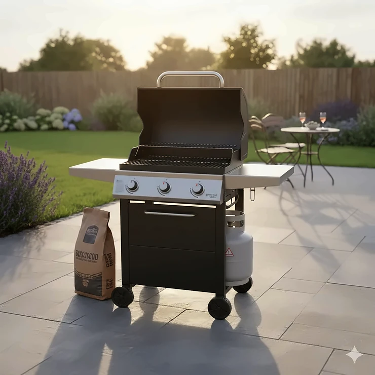 A Char-Broil Gas2Coal hybrid grill set up on a grey stone patio in a British garden, showing the sleek black exterior and dual-fuel capabilities. char-broil gas2coal