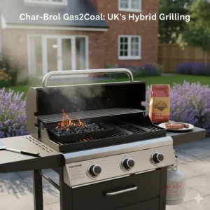 A Char-Broil Gas2Coal hybrid barbecue illustrating the simple transition from gas to charcoal grilling.