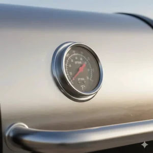 Detailed shot of the lid-mounted temperature gauge showing precise heat monitoring for both gas and charcoal cooking.