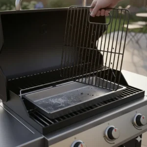 Illustration of the durable, porcelain-coated cast iron cooking grates being lifted out for easy cleaning after a BBQ.