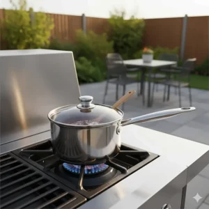 The integrated side burner being used to warm a saucepan of BBQ sauce, a popular feature for British outdoor entertaining.