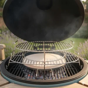 A large piece of beef brisket being slow-smoked on a ceramic grill, demonstrating the versatile roasting and smoking capabilities of kamado-style barbecues.