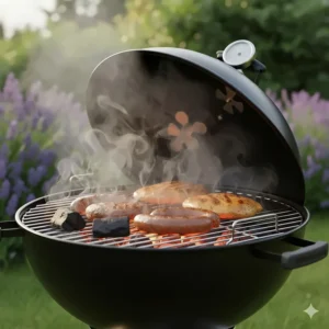 A cross-section illustration showing smoke rising from charcoal briquettes to infuse food with a traditional smoky BBQ flavour.