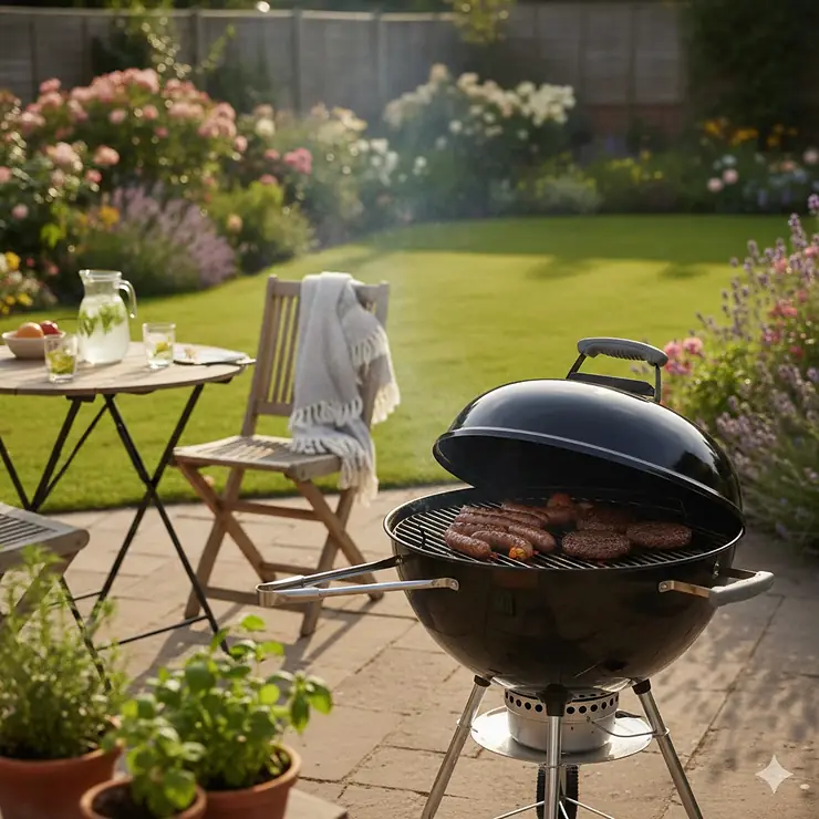 A classic black charcoal kettle BBQ standing on a stone patio in a lush British garden during a sunny afternoon. kettle bbq