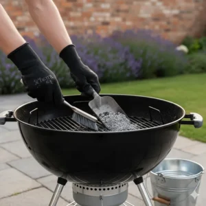 Illustration showing the process of removing ash from the base of a charcoal grill, highlighting the maintenance required.