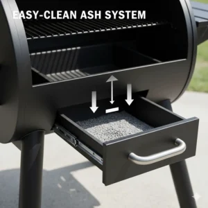 Illustration showing the easy-clean ash management system at the bottom of a modern wood pellet barbecue.