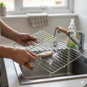Close-up of a person cleaning the removable stainless steel grates of a portable BBQ.