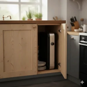 An indoor electric grill stored vertically in a kitchen cupboard, demonstrating its space-saving design for British homes.