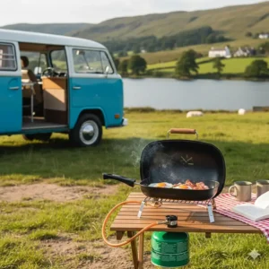 A compact portable gas BBQ connected to a small canister next to a campervan in the Lake District.