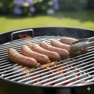 Traditional British Cumberland sausages cooking over hot charcoal briquettes on a Weber Original Kettle barbecue.