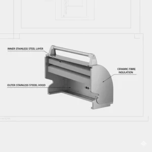 Technical cutaway showing the double-lined stainless steel hood and ceramic fibre insulation of a premium gas bbq.