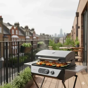 A smokeless electric BBQ for balcony cooking, ideal for UK flats with strict fire regulations.