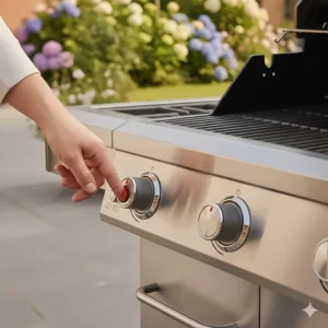 Close-up of the electronic piezo ignition button and control knobs on a 4 burner gas bbq.