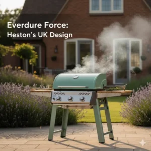 The sleek Everdure by Heston Blumenthal Force 2-burner gas barbecue in a contemporary mint green finish.