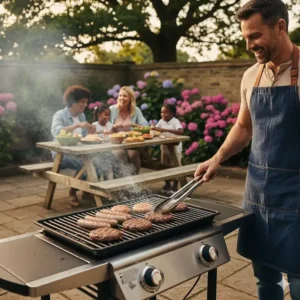 Grilling British sausages and burgers on a gas BBQ under £200 for a family meal.