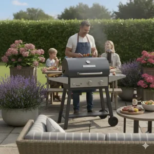 A family gathering around a pellet grill on a patio, highlighting the social aspect of outdoor cooking in the UK.