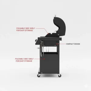 Illustration of a 2 burner gas BBQ with foldable side shelves for easy storage in small UK gardens.
