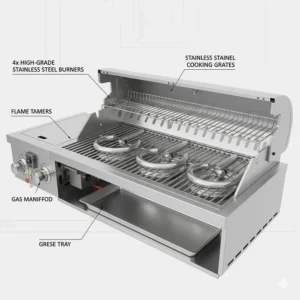 Internal view of a 4-burner built-in gas bbq highlighting the high-grade stainless steel burners and flame tamers.