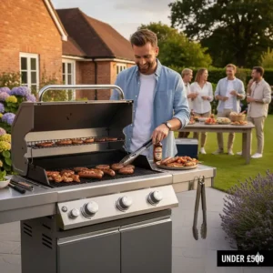 Grilling burgers and sausages on a gas BBQ during a British summer garden party.