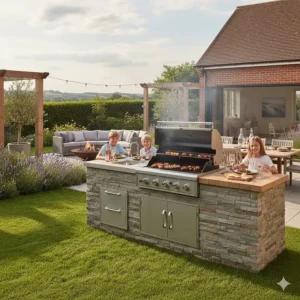 Children enjoying a meal on a British patio next to a professional built-in gas bbq during a summer evening.