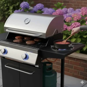 Affordable gas BBQ featuring a side burner for cooking sauces or sides outdoors.