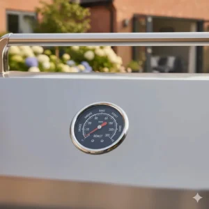 The integrated temperature gauge on the hood of a 4 burner gas barbecue showing roasting heat.
