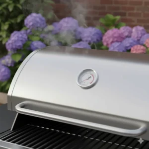 Close-up of a built-in thermometer on a budget-friendly gas BBQ lid showing the temperature.