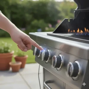 Illustration of a hand pressing a push-button ignition on a gas BBQ, showing how quickly it reaches cooking temperature compared to charcoal.
