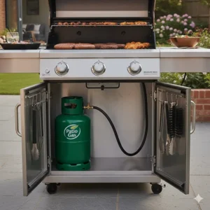 Lower storage cabinet of a 4 burner bbq housing a green patio gas cylinder.