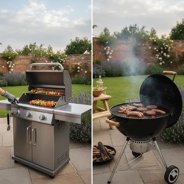 A side-by-side comparison of a multi-burner gas BBQ and a classic kettle charcoal grill in a British garden, highlighting the main differences for outdoor cooking. gas bbq vs charcoal grill