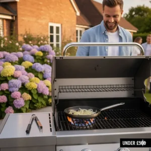 A close-up of a gas BBQ side burner being used to sauté onions in a pan.