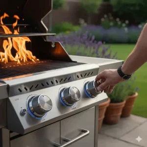 Close-up illustration of gas BBQ control knobs used for precise heat management and multi-zone cooking.