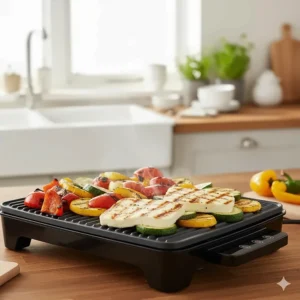 Slices of halloumi cheese and Mediterranean vegetables with distinct char marks being cooked on an indoor electric grill.