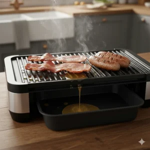 Close-up of an indoor electric grill showing the sloped surface draining excess fat into a removable drip tray for healthier cooking.