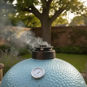 The interior of an open kamado barbecue showing the stainless steel cooking grates, ceramic heat deflector stone, and glowing charcoal briquettes.